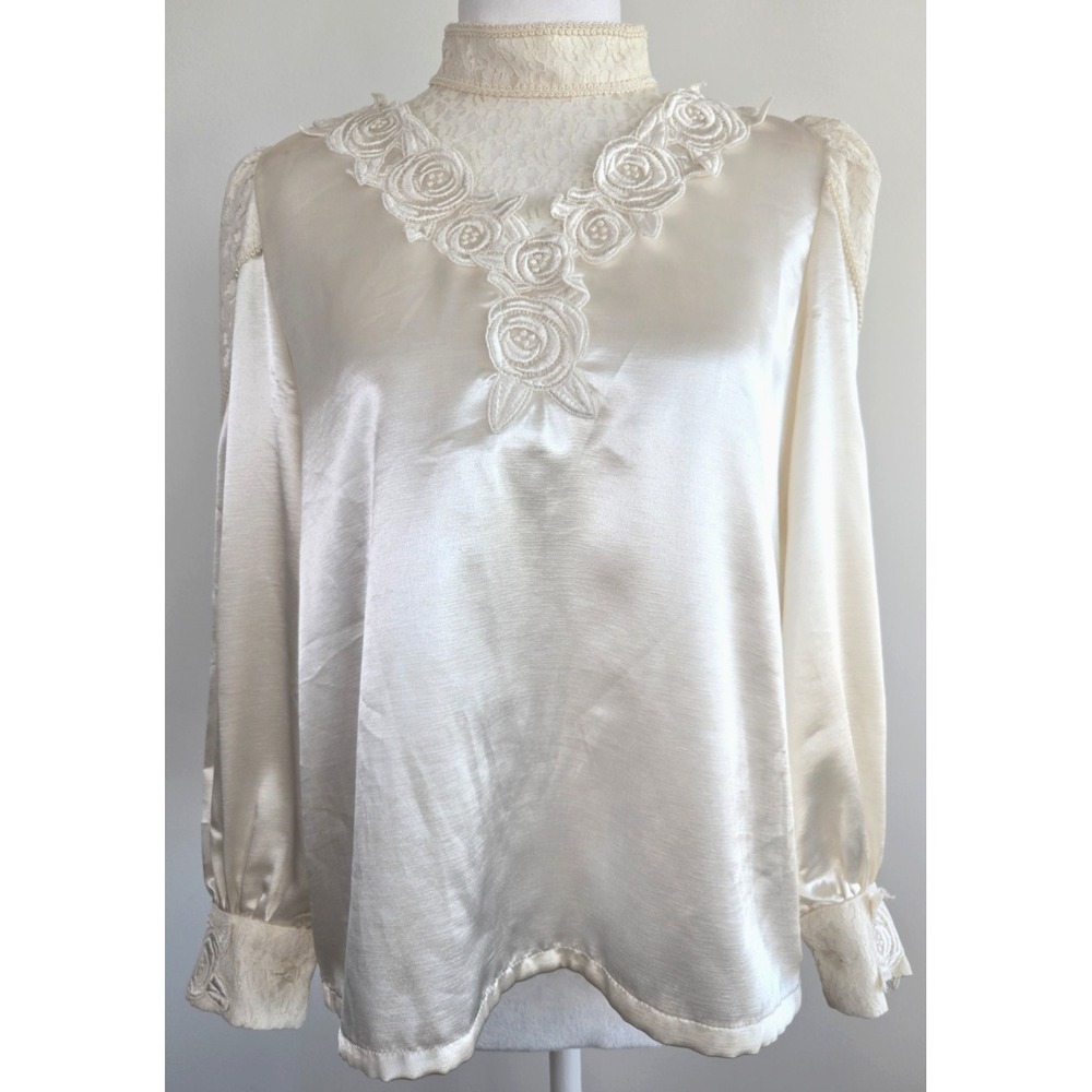 Vintage Nicola Ivory Lace Blouse Womens Sz M Victorian Ruffle Sheer